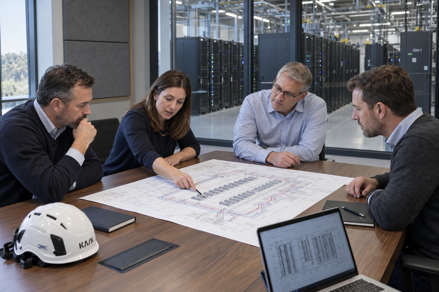 Engineering team reviewing data centre drawings in a boardroom overlooking server racks and a CDU.