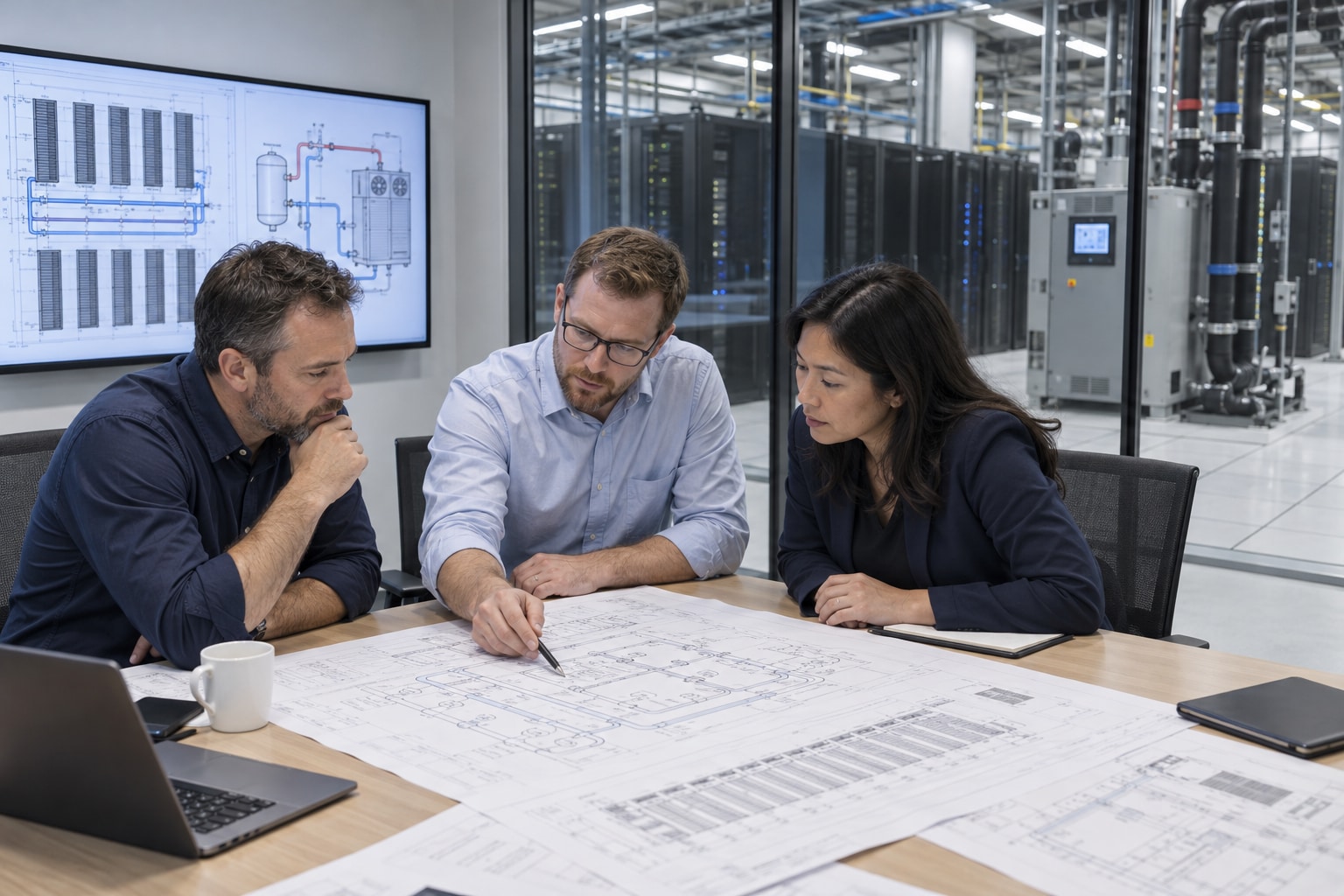 Engineering consultants reviewing data centre cooling drawings beside server racks and a coolant distribution unit.