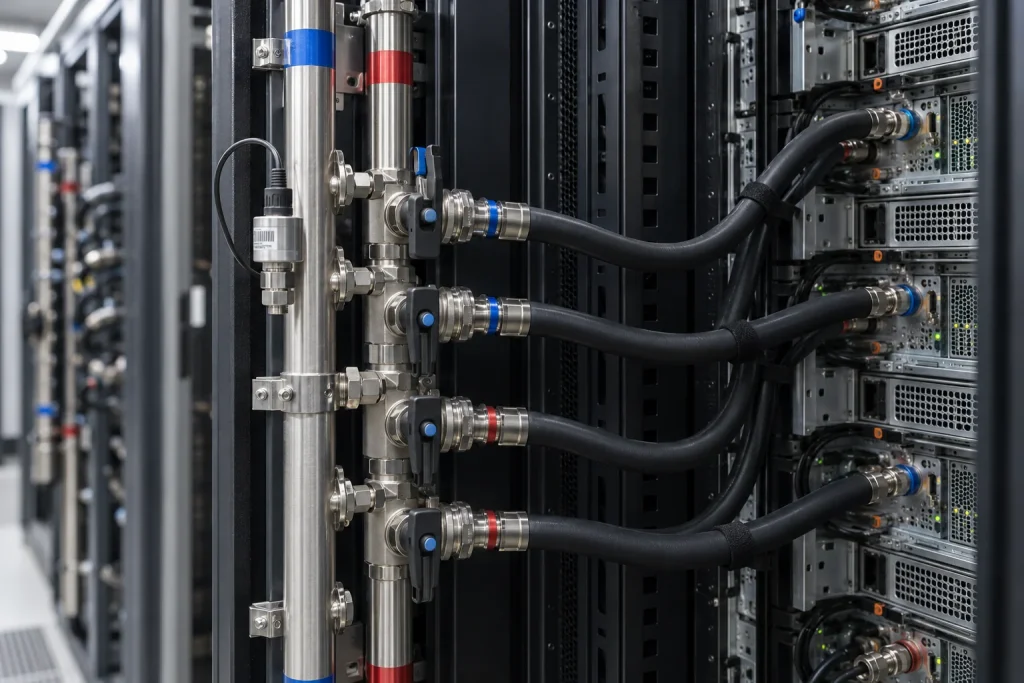 Direct Liquid Cooling manifolds with isolation valves and coolant hoses connected to server racks.