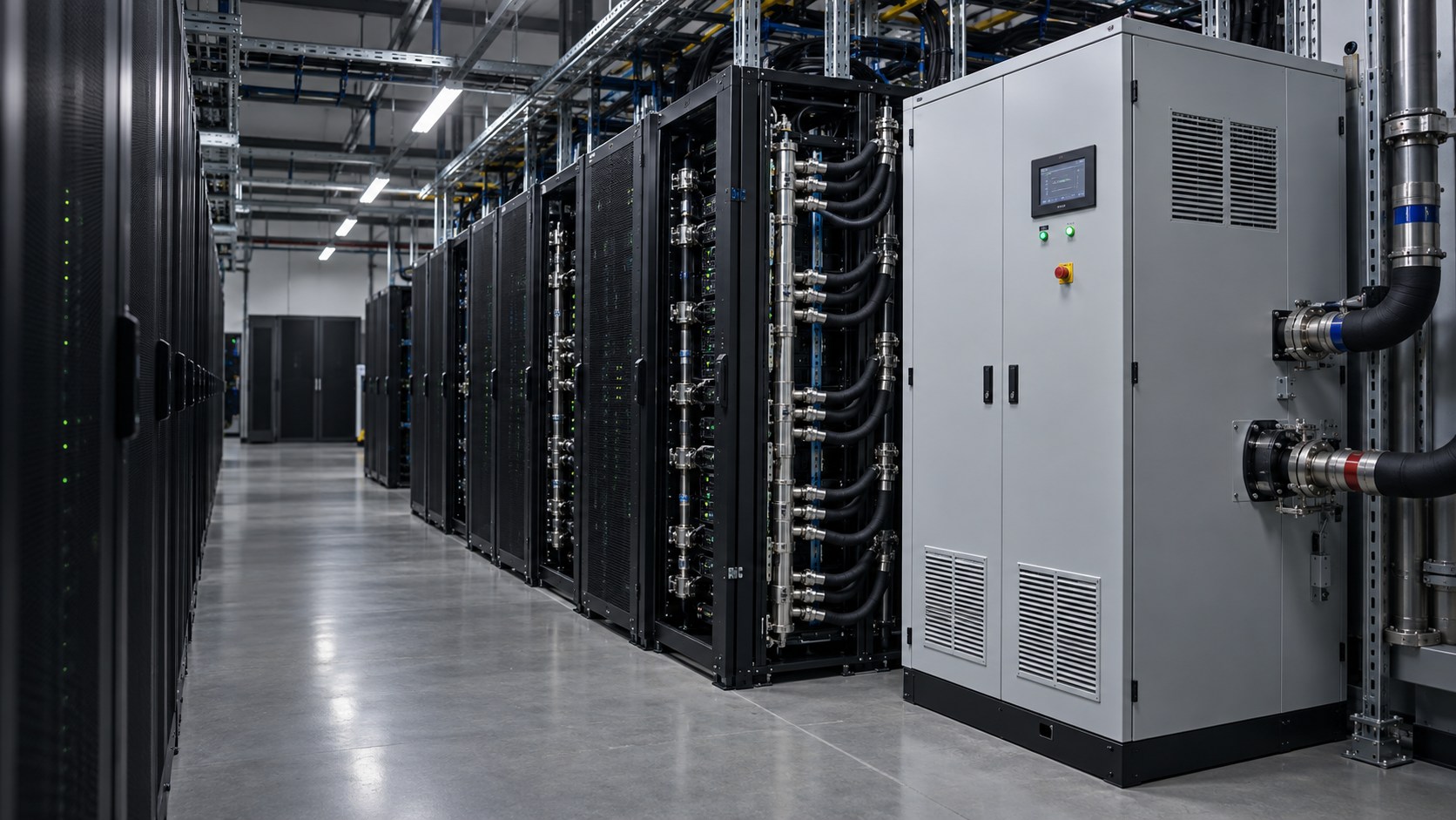 Liquid-cooled data centre server racks with a coolant distribution unit (CDU).