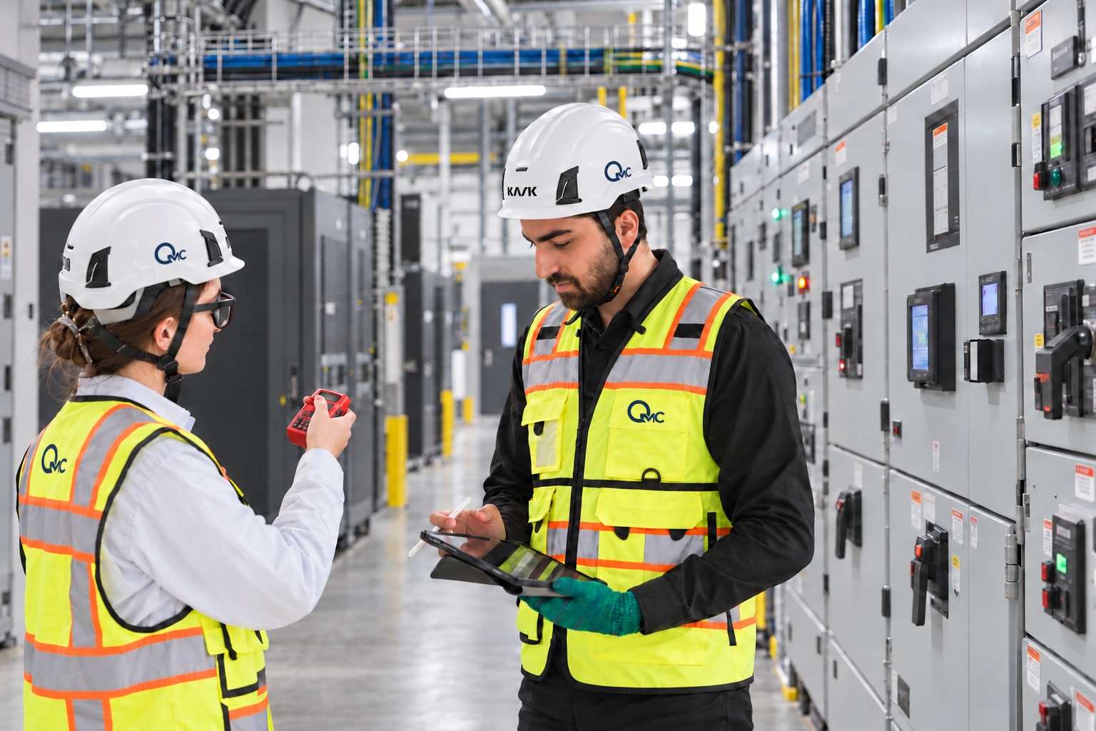 Two QA/QC inspectors recording findings beside data centre electrical switchgear.